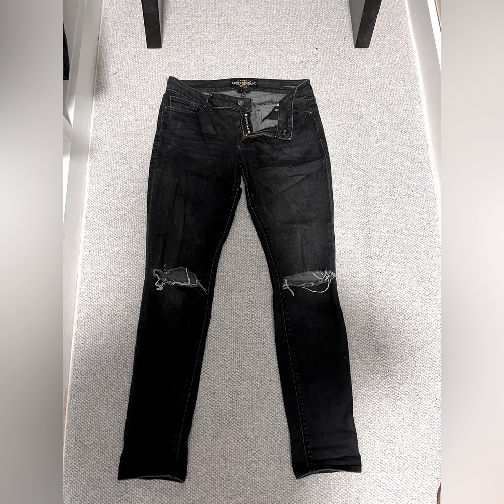 Lucky Brand, size 4/27, low-waist, distressed skinny-straight jean.